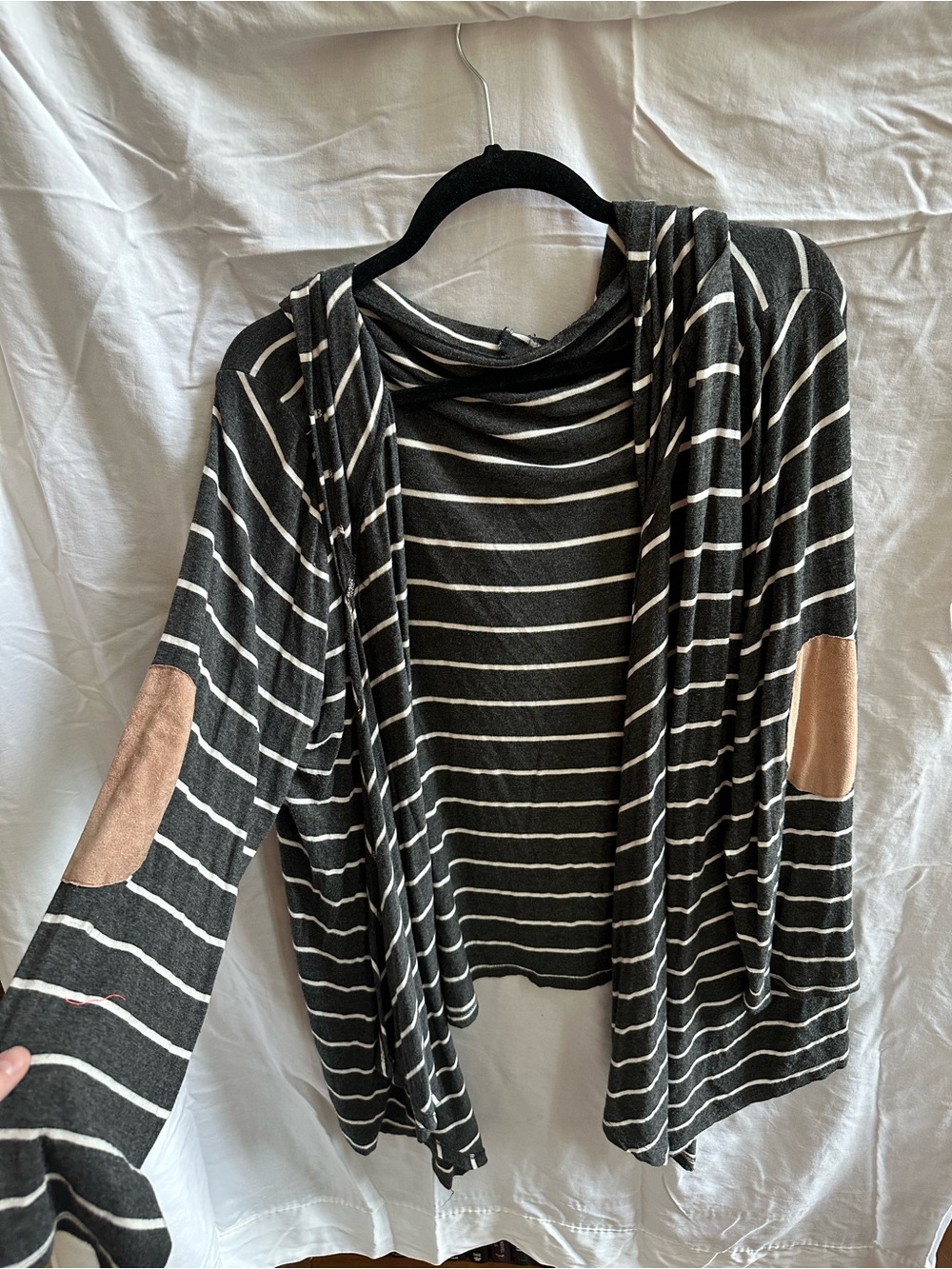 Striped Open-Front Women's Sweater Cardigan with Elbow Patches - Black/White